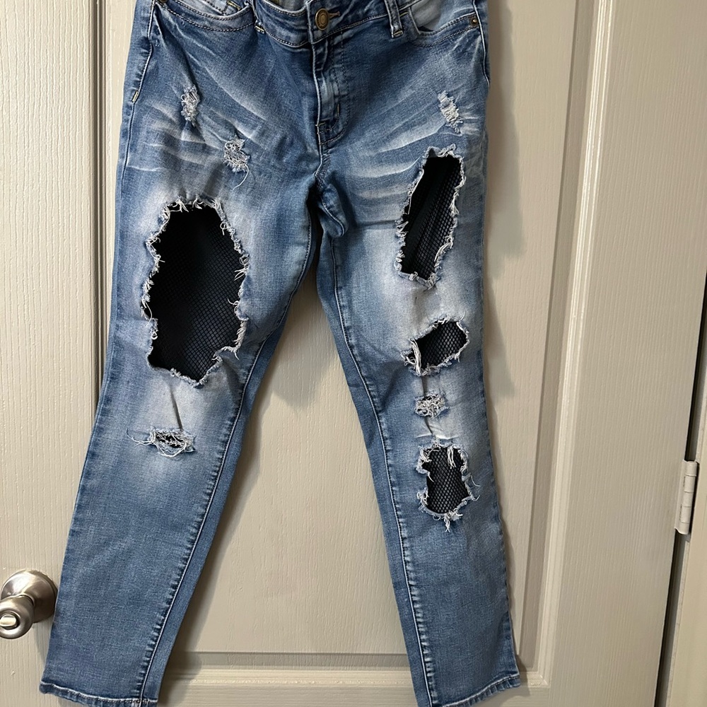 Distressed Blue Jeans Fishnets Y2K Sexy Party Skinny Size 9 Elite Jeans